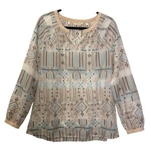 Soft Surroundings Women's Beige Blue Embroidered‎ Long Sleeve Blouse Top